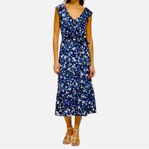 DKNY Short Sleeve V-Neck Ruffle Print Fit and Flare Dress, Size 6